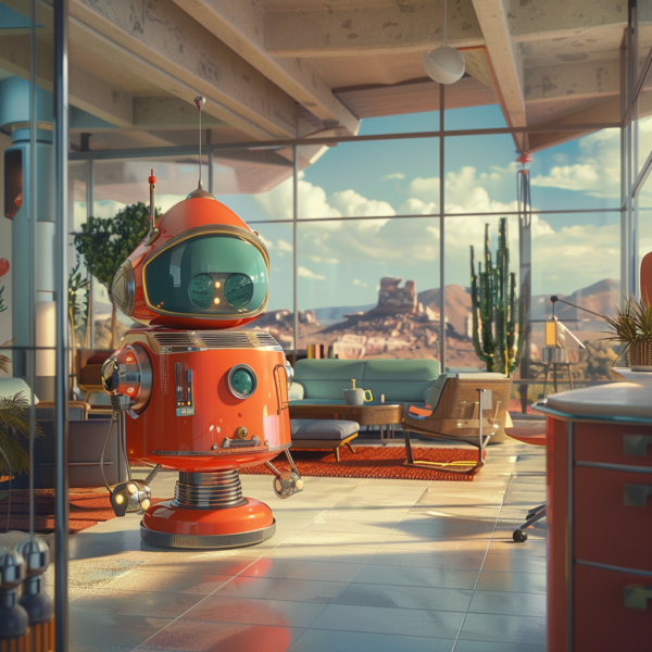 A cartoon of an orange robot in the middle of a room.