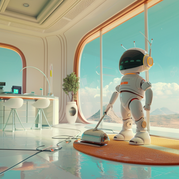 A robot is cleaning the floor in an office.