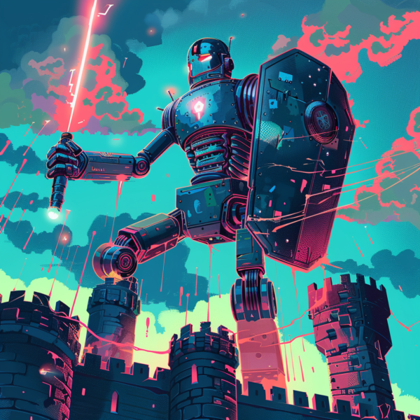 A robot standing on top of a castle holding a sword.